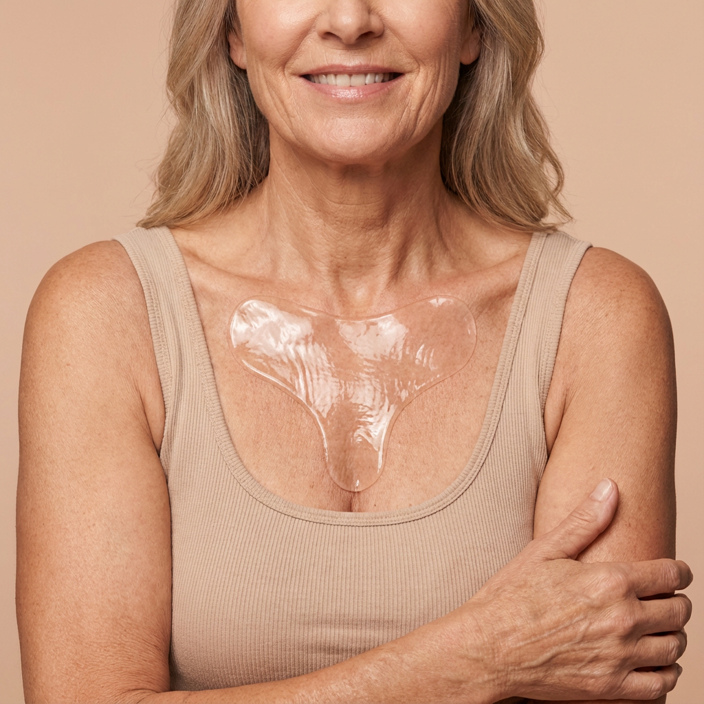 Femme mature portant un patch en silicone transparent pour le décolleté, conçu pour lisser les rides du décolleté, hydrater la peau et améliorer visiblement l’apparence de la poitrine grâce à un soin anti-âge non invasif.