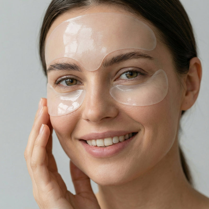 Femme portant des patches en silicone transparents pour le front et le contour des yeux, conçus pour hydrater la peau, lisser les rides et réduire l’apparence des ridules grâce à un soin anti-âge non invasif.